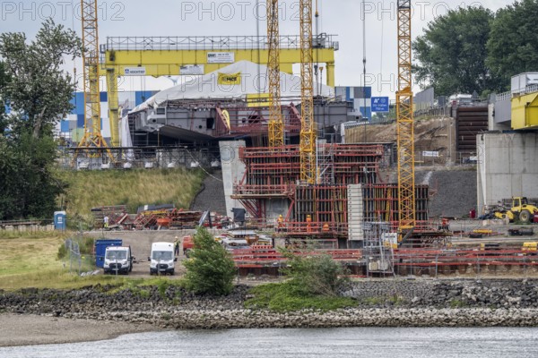 Rhine bridge Duisburg-Neuenkamp, motorway A40, start of construction of the second bridge, bridge piers and the first bridge segment are erected on the Neuenkamp side of the Rhine, North Rhine-Westphalia, Germany