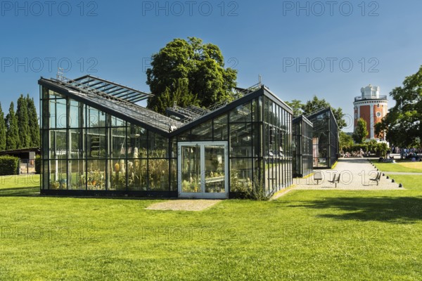 Greenhouses and Elisenturm of the Botanical Garden in the Hardt-Anlagen in Wuppertal, Germany