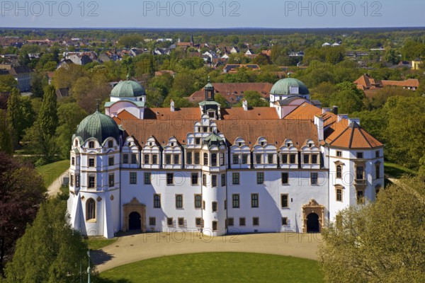 Celle Castle seen from above from the church tower, Celle, Lower Saxony, Germany