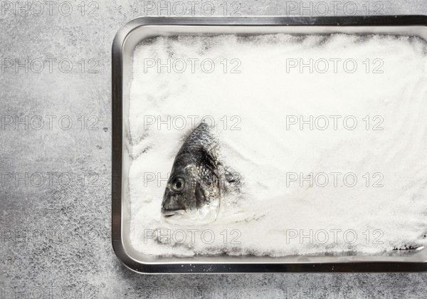 Fresh Dorado fish, cooked in coarse salt, on a tray, top view, close-up, no people