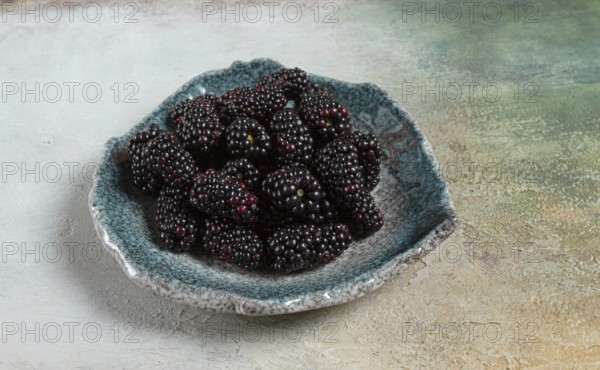 Fresh blackberry berry, on a plate, top view, no people