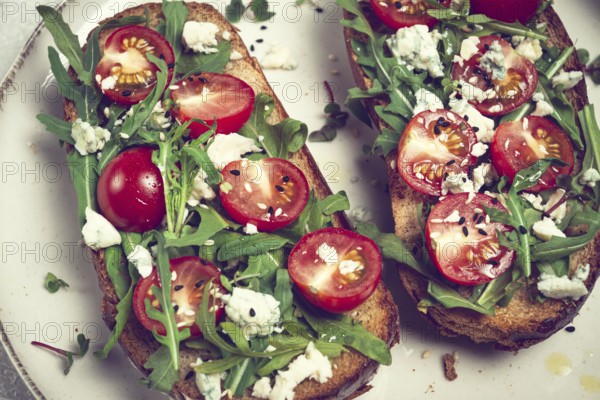 Arugula sandwiches and cherry tomatoes, cheese with mold, breakfast, snack, homemade