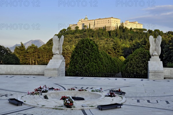 Cemetery of Polish soldiers, World War II military cemetery, memorial site under the Benedictine Abbey of Montecassino on Monte Cassino, Cassino, Frosinone, Lazio, Italy