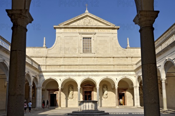 Cloister of the Benefactors with the Basilica Cathedral of the Benedictine Abbey of Montecassino, Monte Cassino, Cassino, Frosinone, Lazio, Italy