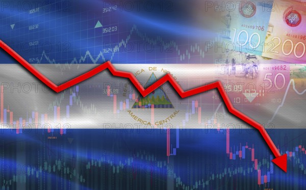 Nicaragua financial fall on economy market. Nicaragua financial crisis on economic graph