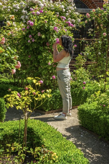 Full-length young woman smelling roses in Ystad monastery garden, SkÃ¥ne County, Sweden, Scandinavia