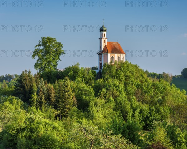 The Calvary Chapel, small pilgrimage church in the evening light, Wörnitzstein district, Donauwörth, Swabia, Bavaria, Germany