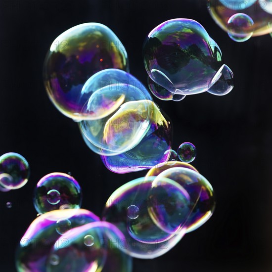 Iridescent soap bubbles in the colours of the rainbow against a black background, Recklinghausen, North Rhine-Westphalia, Germany