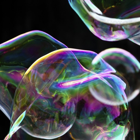 Large, irregular, iridescent soap bubbles in the colours of the rainbow against a black background, Recklinghausen, Germany