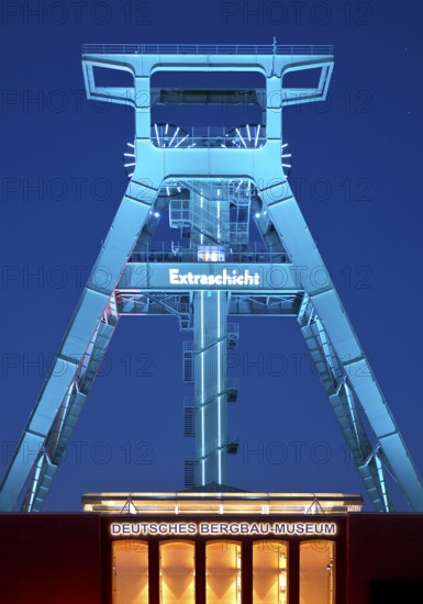 Illuminated headframe of the German Mining Museum at Extraschicht, Bochum, Ruhr area, North Rhine-Westphalia, Germany
