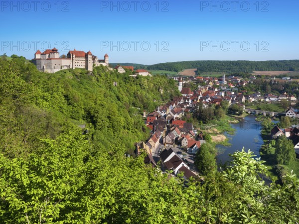 View of Harburg Castle and town on the River Wörnitz, Harburg, Donau-Ries, Swabia, Bavaria, Germany