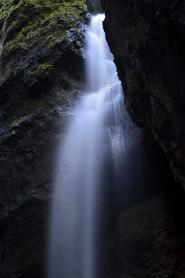 Waterfall in the Breitachklamm, a deep gorge in the AllgÃ¤u Alps near Oberstdorf near the Kleinwalsertal, long exposure, wodruch the waterfall a fairy veil, fog veil resembles, native nature, Bavaria, Germany