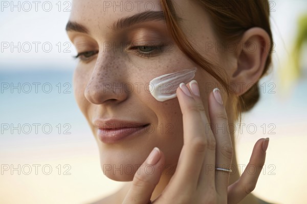 Young woman applying sunscreen on her cheek. Beach portrait capturing sun care and summer serenity. Generative ai, AI generated