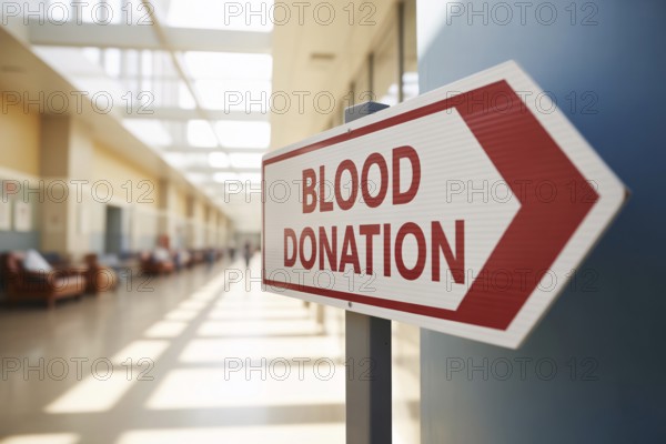 Close up of directional arrow sign with red Blood Donation text inside a hospital. Generative Ai, AI generated