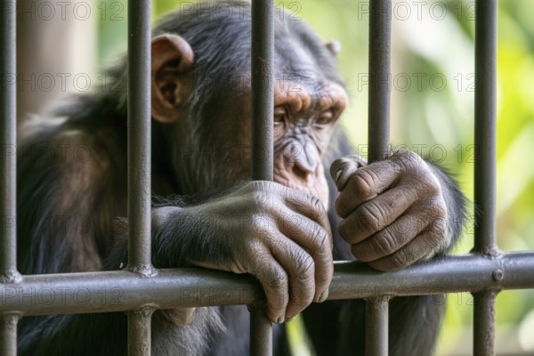 Very ssad chimpanzee sits behind bars in a zoo enclosure reflecting captivity and animal welfare concer. generative ai, AI generated