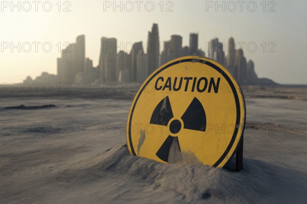 Radiation warning sign with text Caution in scorched earth. with destroyed city. Symbol for danger of nuclear war and environmental decay. Generative ai, AI generated