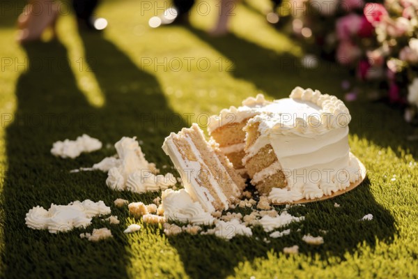 Broken wedding cake lies in disarray on lush green lawn in warm golden sunlight. Generative ai, AI generated
