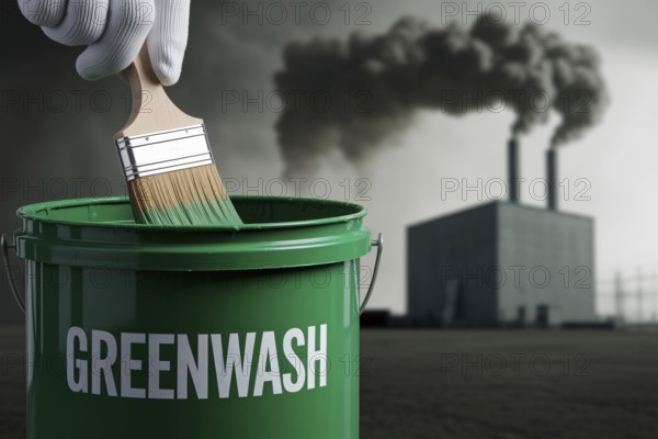 Gloved hand stirs Greenwahs paint in front of gray smoking factory. A stark critique of corporate pollution and eco-deception and greenwashing. Generative ai, AI generated