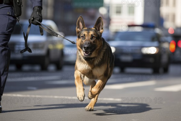 German Shepherd police dog in full sprint. Action-packed side view capturing strength, focus, and urban urgency. Generative ai, AI generated