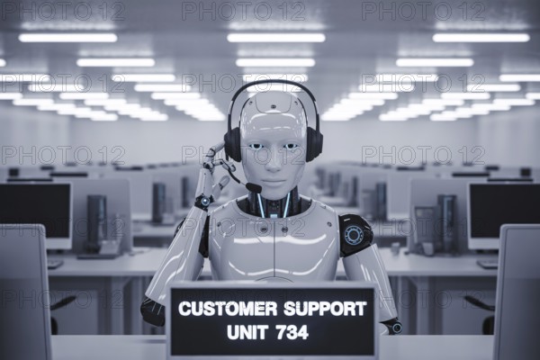 AI robot with headset in empty call center. Automation replacing human customer service roles. Generative Ai, AI generated