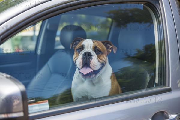 Bulldog trapped inside a car with closed window on a hot summer day. Concept of dangerous overheating and heat risk for brachycephalic dog breeds in vehicles. Generative ai, AI generated