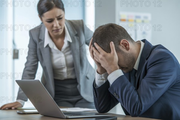 Female coworker supporting emotional male colleague in office. Concept of mankeeping and women's emotional labor at work. Generative ai, AI generated