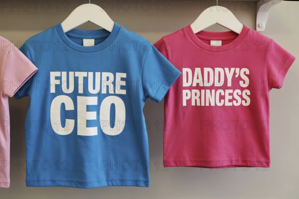 Pink and blue children's shirts with stereotypical CEO and princess text, highlighting early gender norms and societal expectations. Generative AI, AI generated