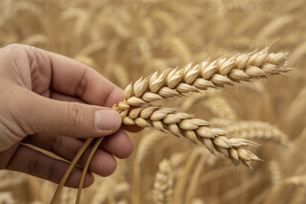 Man's hand holding wheat grains in front of golden wheat field at harvest time. Generative ai, AI generated