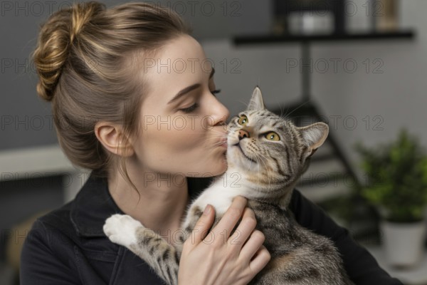 Woman kissing her reluctant cat. Funny moment of one-sided affection between pet and owner. Generative ai, AI generated