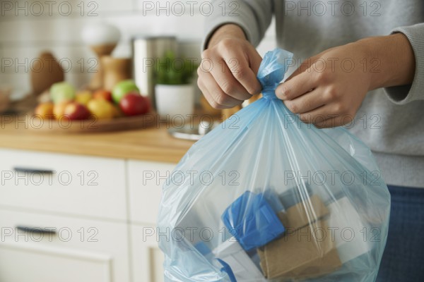 A person tying up a garbage bag in a home kitchen as part of daily waste disposal. Generative ai, AI generated
