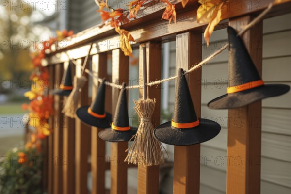 Halloween garland with tiny felt witches' hats and broomsticks on wooden porch railing decorated with autumn leaves. Generative AI, AI generated