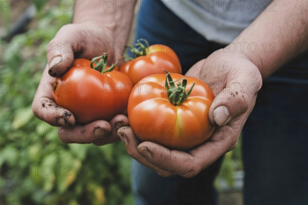 Farmer's hands holding freshly harvested tomatoes. Honest, traditional farming and natural produce. Generative aui, AI generated