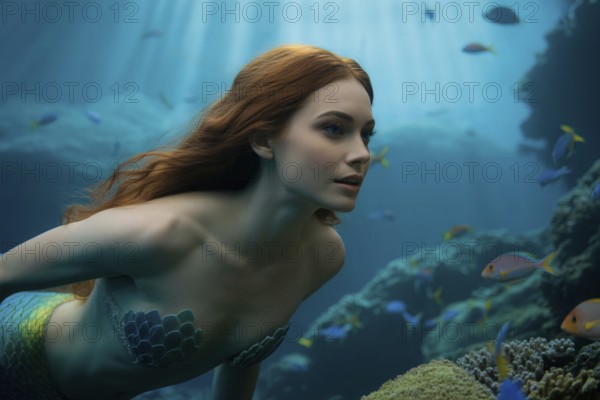 Red haired mermaid swimming underwater with tropical fish in blue ocean. Generative ai, AI generated