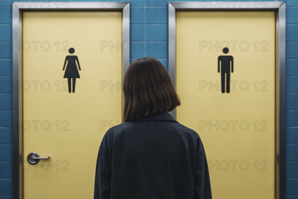 Back view of transgender woman standing in front of men's and women's bathroom doors. Concept of public restroom access and trans rights debate. Generative ai, AI generated
