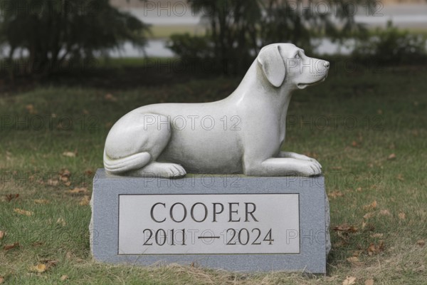 Gravestone with dog stone sculpture in a peaceful cemetery. Memorial for a beloved pet and pet loss remembrance. Generative ai, AI generated