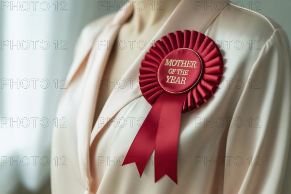 Red award rosette ribbon with text Mother of the year pinned to woman's blouse. Concept of motherhood appreciation and recognition. Generative ai, AI generated