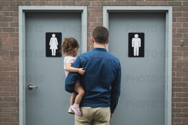 Back view of father with young daughter hesitating in front of men's and women's restroom doors. Concept of gendered public toilet challenges for parents. Generative ai, AI generated