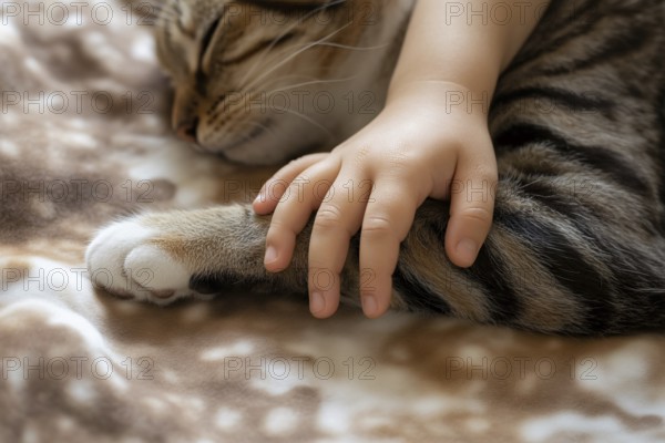 Young child's hand grabbing a cat's paw showing tender interaction and early bond between child and pet. Generative ai, AI generated