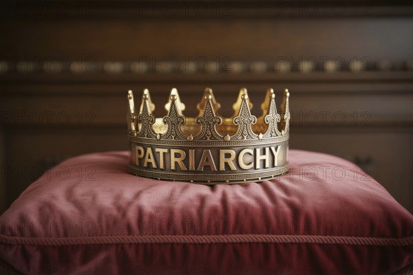 Golden crown with the word Patriarchy resting on a red cushion. Symbol of power and societal patriarchy. Generative Ai, AI generated