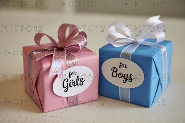 Two small gender color-coded gift boxes labeled for boys and girls. Gender stereotypes in children's gifts. Generative AI, AI generated