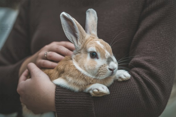 Person holding cute pet bunny in arms. Symbol of animal care and gentle companionship. Generative ai, AI generated