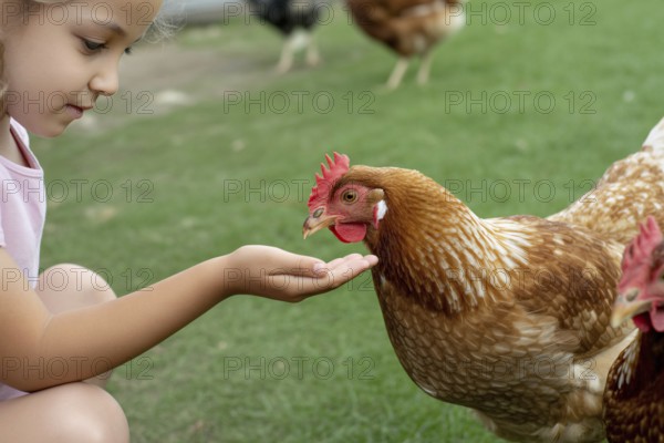 Young girl feeding chickens by hand. Childhood connection with animals and learning about responsibility. Generative AI, AI generated