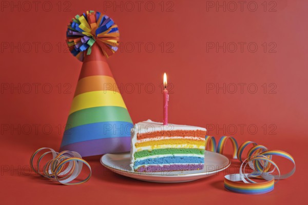 Rainbow birthday cake slice with rainbow party hat and streamers on bright red background. Generative ai, AI generated