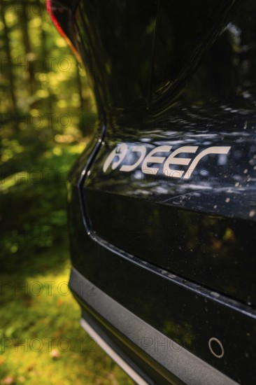 Close-up of the brand logo on the rear of a black car, surrounded by natural forest, MG 4, Deer E- Car Sharing, Calw district, Germany