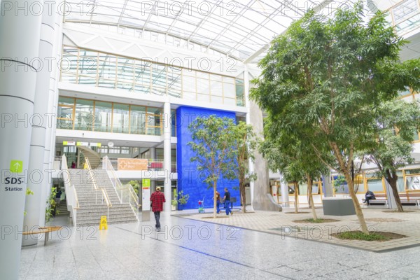 Bright shopping centre with glass ceiling and modern architecture, large trees adorn the open space, Stuttgart Hospital, Germany