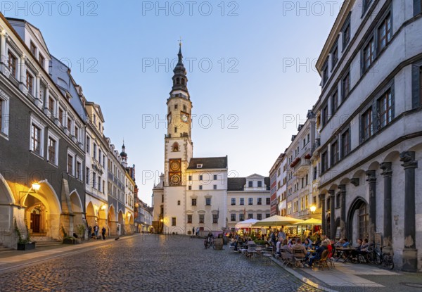 Night-time view of Untermarkt - Lower Market Square and the Old Town Hall Clock Tower, Görlitz, Goerlitz, Germany