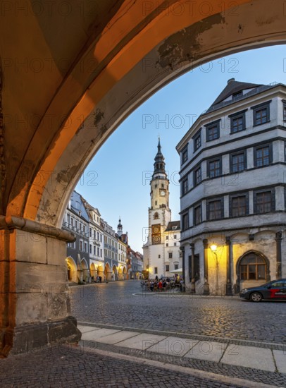 View of the Lower Market Square with the Old Town Hall Clock Tower and Waage building, Görlitz, Goerlitz, Germany