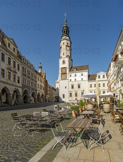 View of Untermarkt - Lower Market Square and the Old Town Hall Clock Tower, Görlitz, Goerlitz, Germany