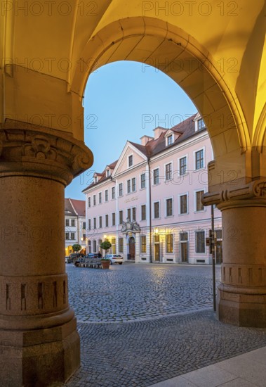View of Hotel Börse through the arches of the New Town Hall of Görlitz, Lower Market Square - Untermarkt, Goerlitz, Germany