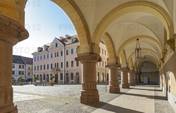 View of Hotel Börse through the arches of the New Town Hall of Görlitz, Lower Market Square - Untermarkt, Goerlitz, Germany